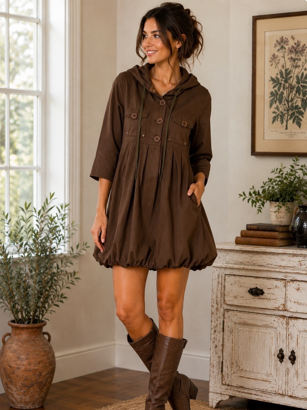 Esley Brown Hooded Bubble Hem Coat Dress Jacket Small Boho Cottagecore